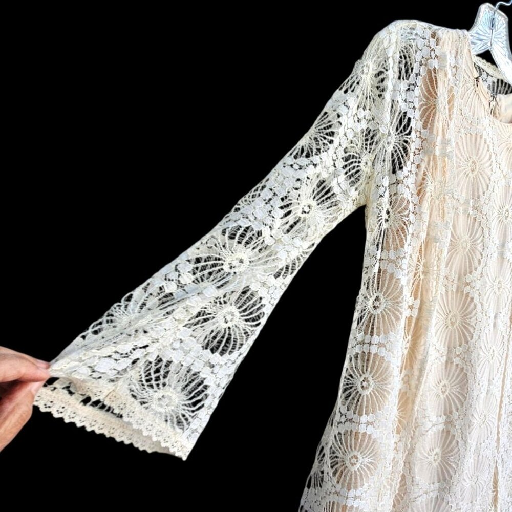 Vintage 1960s Saba California Lace Dress Set Size S Wedding Neutral A-line - Picture 6 of 16